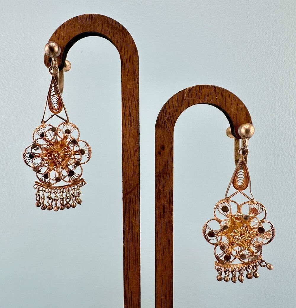 Antique Filigree Chandelier Earrings Gold Plated Over Brass Screw Back Floral